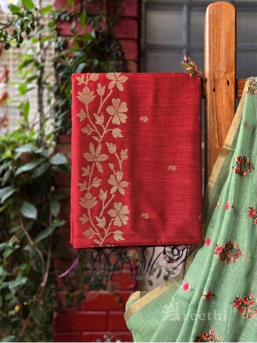 Tussar Matka Silk Copper Zari Weaving Red